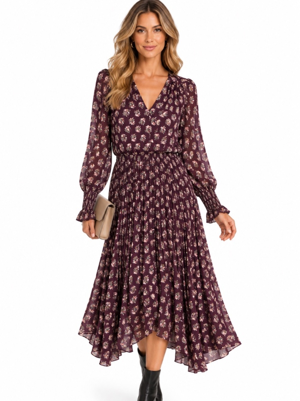 🖤 Rebecca Taylor Burgundy Floral Pleated Midi Dress Size M🖤